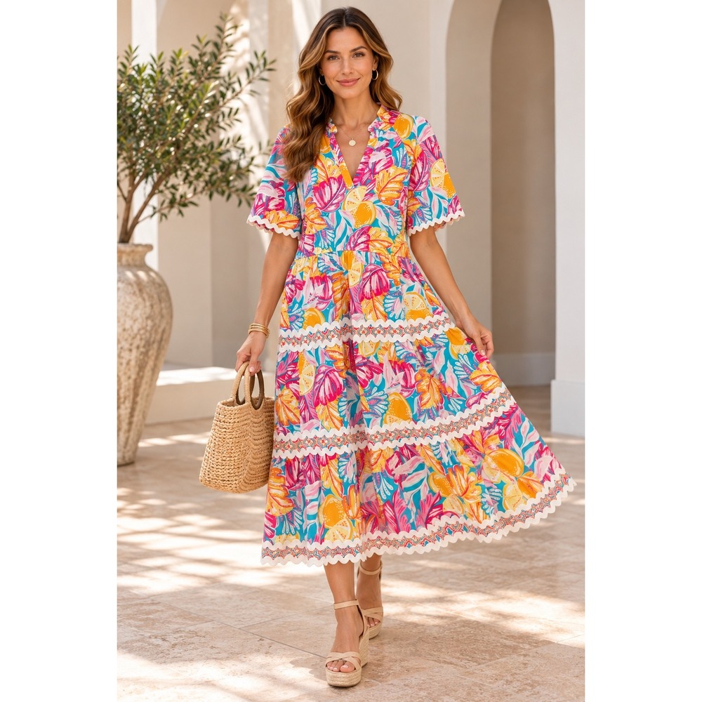 Crown & Ivy Tropical Fruit Eyelet Tiered Midi Dress XL Boho Coastal Summer